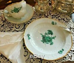 Meissen Copper Green Floral Porcelain Tea Cup, Saucer and Dessert Plate