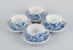 Meissen, Germany. Four Blue Onion coffee cups with saucers in porcelain