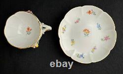 Mint Meissen Porcelain 6 Footed Cup & Saucer With Applied Flowers Crossed Swords