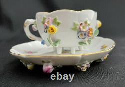 Mint Meissen Porcelain 6 Footed Cup & Saucer With Applied Flowers Crossed Swords