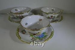 Mocha Tea Cup Saucer 3 sets Hungary Herend Porcelain Hand painted Queen Victoria
