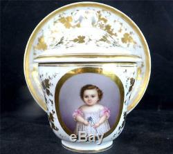 N749 C1848 Kpm Berlin Porcelain Large Cup & Saucer Portrait Girl Waldeck Family
