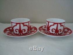 New Hermes Balcon du Guadalq White Red Porcelain Coffee 2 Tea Cups and Saucers