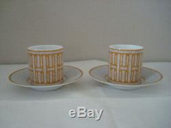 New Hermes Mosaique au 24 Gold Porcelain Coffee 2 Tea Cups and Saucers Box