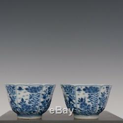 Nice pair of Chinese B&W porcelain cups & saucer, Kangxi style, 19th ct