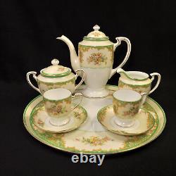 Noritake Tray Teapot Creamer Sugar 2 Cups & Saucers Floral Green Gold 1918-1931