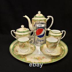 Noritake Tray Teapot Creamer Sugar 2 Cups & Saucers Floral Green Gold 1918-1931