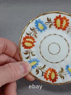 Old Paris Hand Painted Red & Blue Floral & Gold Miniature Tea Cup & Saucer