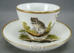 Old Paris Porcelain Hand Painted Cat Landscape & Gold Tea Cup & Saucer C. 1820s