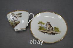 Old Paris Porcelain Hand Painted Cat Landscape & Gold Tea Cup & Saucer C. 1820s