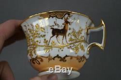Old Paris Porcelain Hand Painted Dogs Hare Fox Raised Gold Floral Peach Tea Cup