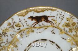 Old Paris Porcelain Hand Painted Dogs Hare Fox Raised Gold Floral Peach Tea Cup