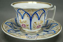 Old Paris Porcelain Hand Painted Gothic Revival Pink Rose Blue & Gold Tea Cup