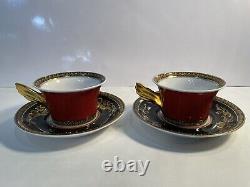 PAIR Rosenthal Versace Medusa Red Ikarus Tea Cups/Saucers Retail $820 Perfect