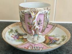 PINK antique MEISSEN porcelain WOLFSOHN romantic CHOCOLATE CUP & SAUCER DUO