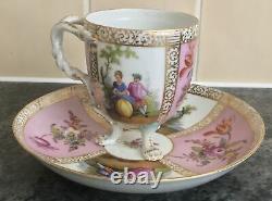 PINK antique MEISSEN porcelain WOLFSOHN romantic CHOCOLATE CUP & SAUCER DUO