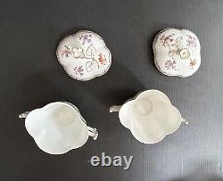 Pair Antique Dresden Hand Painted FloralCovered Cup & Saucer Sets