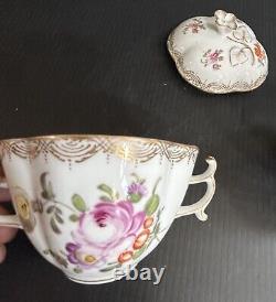 Pair Antique Dresden Hand Painted FloralCovered Cup & Saucer Sets