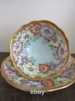 Paragon England Porcelain Tea Cup And Saucer Poppies On Gold Blue