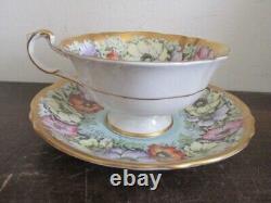 Paragon England Porcelain Tea Cup And Saucer Poppies On Gold Blue