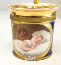 Paris Porcelain French Hand Painted Cup & Saucer, circa 1830. Child & Dog
