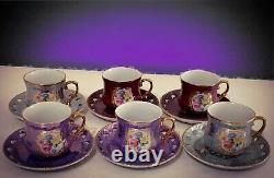 Porcelain Set? RaRe? Vintage 6 Tea Cups 6 Saucers Purple pink Roses