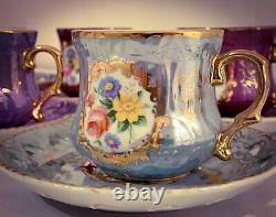 Porcelain Set? RaRe? Vintage 6 Tea Cups 6 Saucers Purple pink Roses