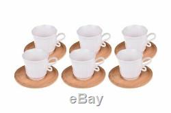 Porcelain Turkish, Greek Coffee Set, 6 Espresso Cups & 6 Bamboo Saucers