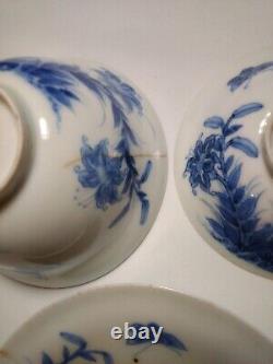 Qing Dynasty Porcelain Blue Hand-Painted Floral Tea Cups and Saucer 5 Piece Set