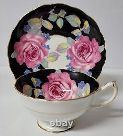 RARE AMAZING PARAGON BLACK With FLOATING ROSES PORCELAIN TEA CUP SAUCER