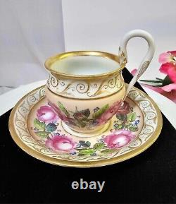 RARE Antique KPM Royal Berlin Cup & Saucer Pink Rose Swan Handle porcelain- READ