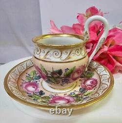 RARE Antique KPM Royal Berlin Cup & Saucer Pink Rose Swan Handle porcelain- READ