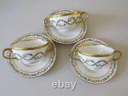 Rare 1800's Set Of 3 J Pouyat Limoges Handled Bouillon Cups Saucers Floral Gold