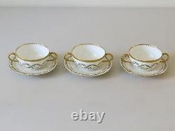 Rare 1800's Set Of 3 J Pouyat Limoges Handled Bouillon Cups Saucers Floral Gold