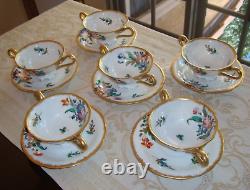 Rare Antique Hand Painted Set Of 6 Boullion Cups & Saucers, Roses Floral & Gold