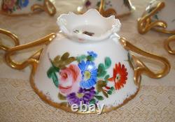 Rare Antique Hand Painted Set Of 6 Boullion Cups & Saucers, Roses Floral & Gold