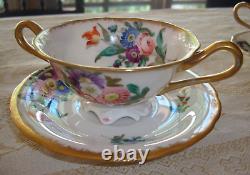 Rare Antique Hand Painted Set Of 6 Boullion Cups & Saucers, Roses Floral & Gold