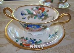 Rare Antique Hand Painted Set Of 6 Boullion Cups & Saucers, Roses Floral & Gold