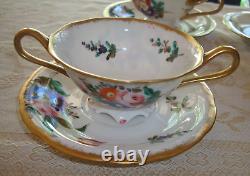 Rare Antique Hand Painted Set Of 6 Boullion Cups & Saucers, Roses Floral & Gold