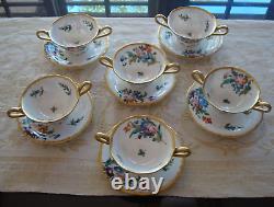 Rare Antique Hand Painted Set Of 6 Boullion Cups & Saucers, Roses Floral & Gold