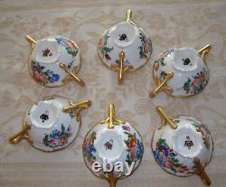 Rare Antique Hand Painted Set Of 6 Boullion Cups & Saucers, Roses Floral & Gold