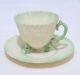 Rare Belleek Ireland Antique Limpet Green Accent Footed Cup & Saucer Black Mark