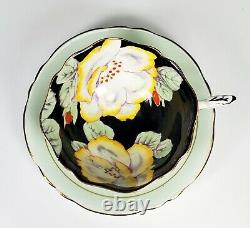 Rare Paragon Porcelain Green Hibiscus On Black Tea Cup And Saucer