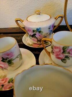 Rosenthal KPM Gold Encrusted Cabbage Rose Tea Pot Cup Saucer Sugar Bowl Set HTF