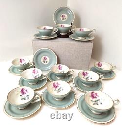 Royal Tettau Germany Demitasse Cup & Saucer Set Of 11 Mint Green Pink Roses