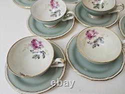 Royal Tettau Germany Demitasse Cup & Saucer Set Of 11 Mint Green Pink Roses