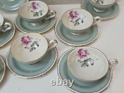 Royal Tettau Germany Demitasse Cup & Saucer Set Of 11 Mint Green Pink Roses