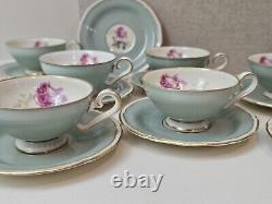 Royal Tettau Germany Demitasse Cup & Saucer Set Of 11 Mint Green Pink Roses