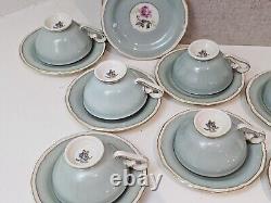 Royal Tettau Germany Demitasse Cup & Saucer Set Of 11 Mint Green Pink Roses