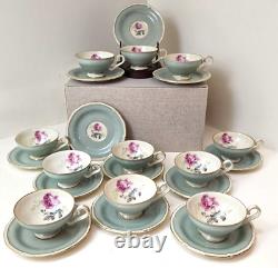 Royal Tettau Germany Demitasse Cup & Saucer Set Of 11 Mint Green Pink Roses